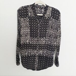 Free People Boho Button Down Black Cream Plaid Floral Print Women's Shirt Size M